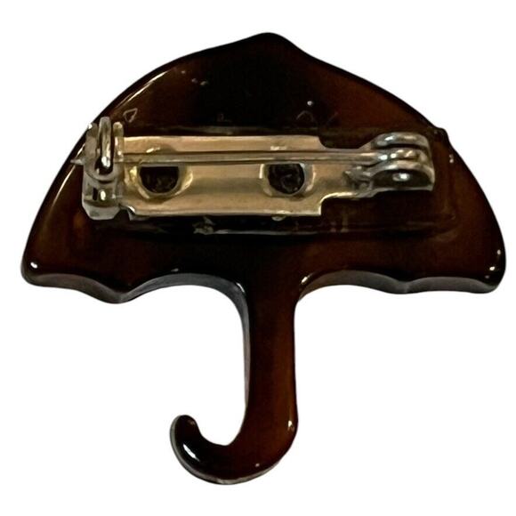 Vintage Celluloid Umbrella Pin Brooch Brown Rhinestones 1” Translucent - Picture 3 of 4
